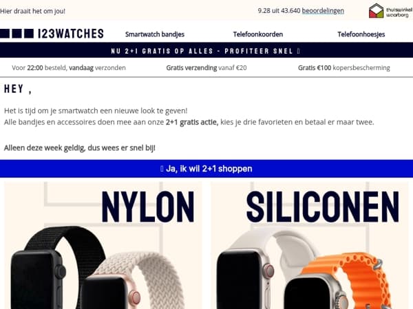 Hi , 2+1 gratis op alle smartwatch bandjes ⏰