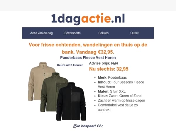 Vandaag: Poederbaas Fleece Vest Heren €32,95 (van €59,95)🧡📢
