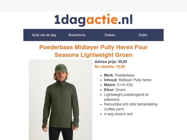 Slechts €19,95 voor de Poederbaas groene Skipully!⛷️🧡