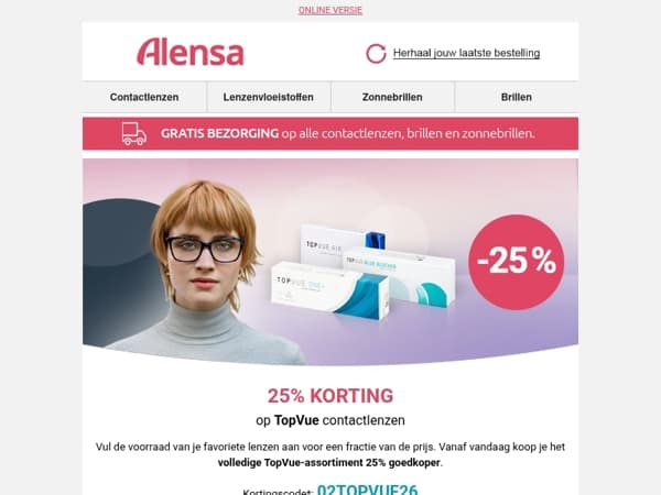 Actie: Alle TopVue contactlenzen met 25% korting.