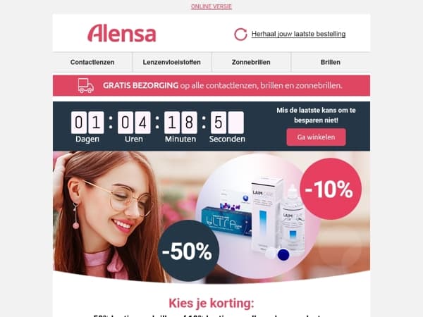 Alleen tot morgen: 50% korting op brillen of 10% korting op alle andere producten.