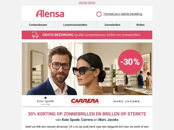 30% korting op zonnebrillen en brillen op sterkte van Carrera, Marc Jacobs en Kate Spade.