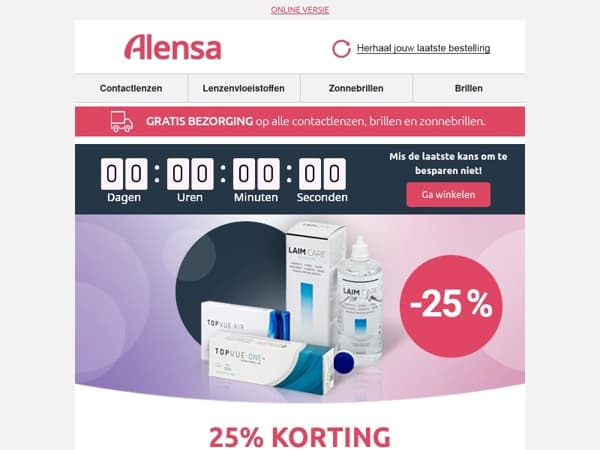 Mis de 25% korting op TopVue-contactlenzen en geselecteerde vloeistoffen niet.