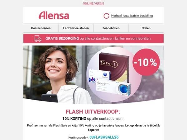 Flash Sale begint nu -10% korting op alle contactlenzen.