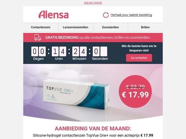 Alleen tot middernacht! Contactlenzen TopVue One+ voor een actieprijs € 17.99