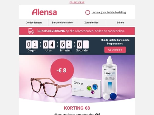 ⏰ Laatste uren: Bespaar € 8 op contactlenzen en brillen.