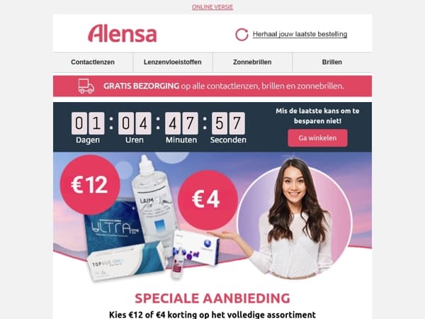 Tot morgen: €12 / €4 korting op uw hele aankoop