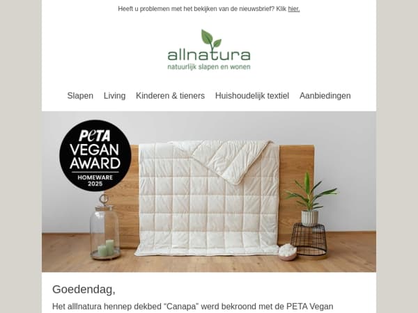 Peta Vegan Award: allnatura dekbed geëerd!