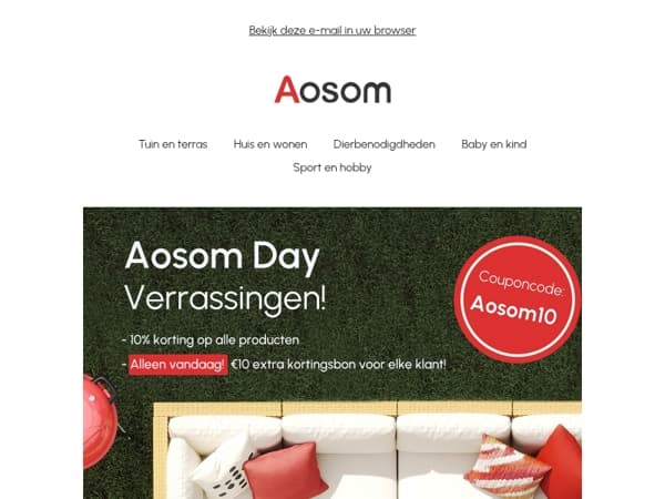🎉 Aosom Day Verrassingen – €10 Cadeau + 10% Korting voor Iedereen!