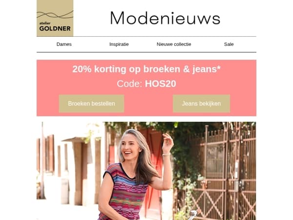 20% korting op alle broeken + gratis verzending