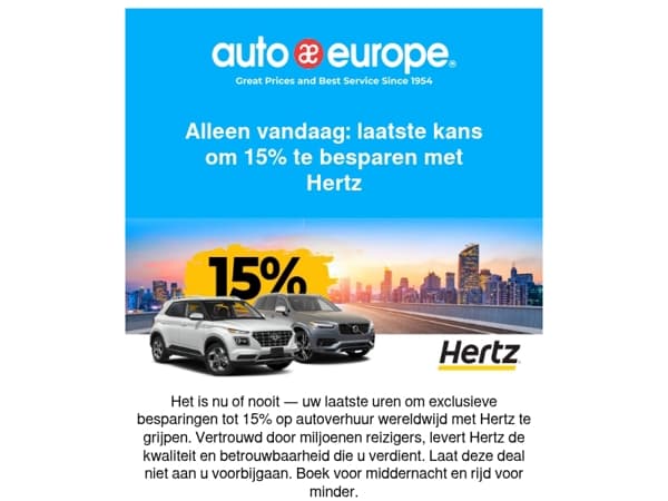 Laatste dag: bespaar 15% met Hertz — Eindigt vanavond