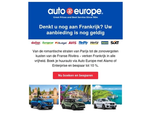 Herinnering: bespaar tot 10% in Frankrijk met Alamo & Enterprise