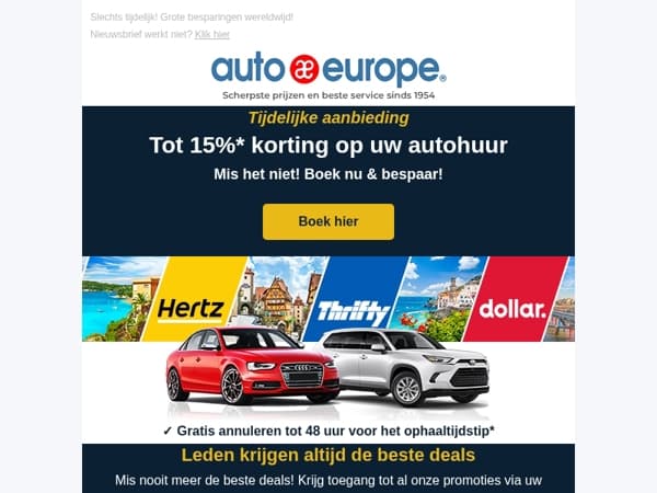 Bespaar tot 15% bij Hertz, Dollar & Thrifty