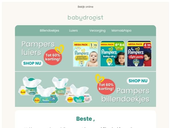 Tot 60% korting op PAMPERS 👶