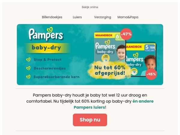 Tot -60% op Pampers baby-dry 🤩 Tot 100% lekvrije nachten