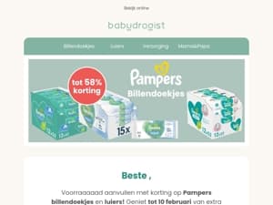 Inslaan, geniet van extra korting op Pampers billendoekjes en luiers.