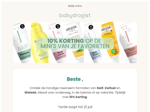 10% korting op mini reisverpakkingen van Naïf, Zwitsal en Weleda
