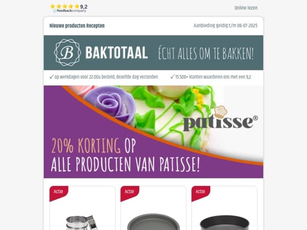 20% korting op alle producten van Patisse!