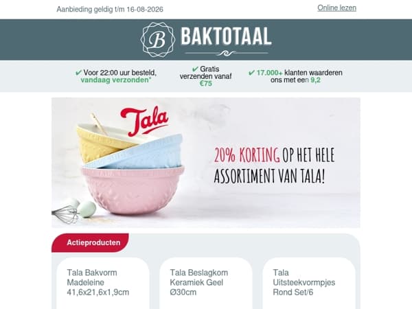20% korting op het hele assortiment van Tala!