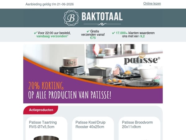 20% korting op alle producten van Patisse!