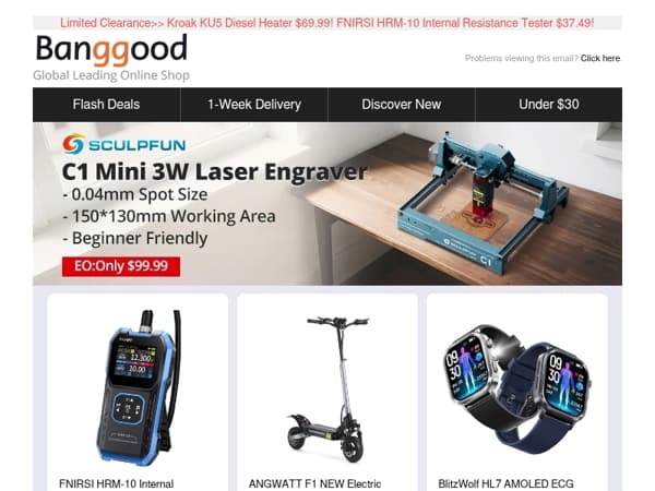 [New Release & Bottom Price!]  $99.99 Get SCULPFUN C1 Mini Laser Engraver! ANGWATT F1 E-Scooter $489.3! Ergonomic Office Chair $83.99!