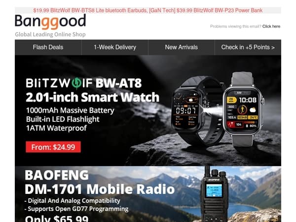 Hurry!🔋1000mAh BlitzWolf BW-AT8 Smart Watch Only $24.99, BAOFENG DM-1701 Radio Only 65.99 >>