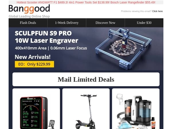 New Arrival! SCULPFUN S9 Pro Laser Engraver $229.99! 15in1 Air Quality Monitor $23.99! 500W Carpet Cleaner $91.99!