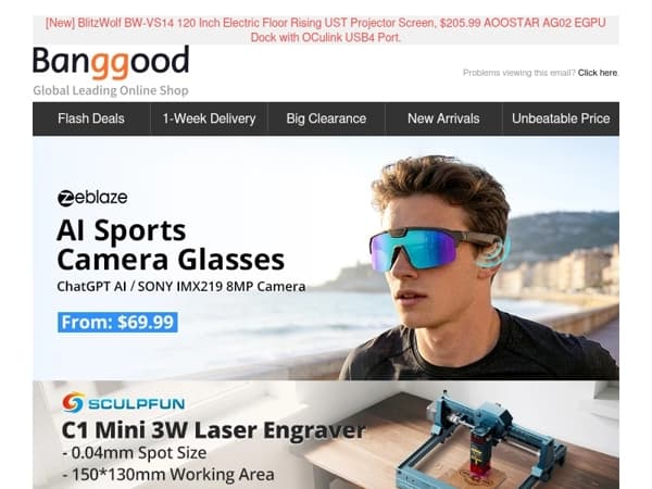 [Spring Sale] $69.99 Zeblaze Q01 AI Sports Camera Glasses, $99.99 SCULPFUN C1 Mini 3W Laser Engraver.