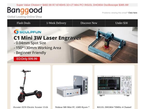 [Price Only Valid in This Email !🔥]  SCULPFUN C1 Laser Engraver $99.99! 500W Portable Carpet Cleaner $90.99! Grab Now!