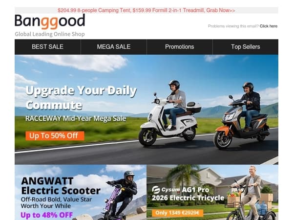 Up to 50% OFF RACCEWAY E-motor Mega Sale, ANGWATTF NEW 1000W Electric Scooter Dropped to $259.99, hurry up>>