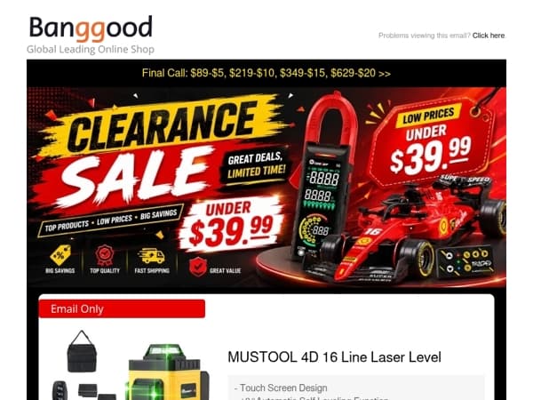 ⛳Clearance Sale >> UNDER $39.99! $33.99 MUSTOOL 4D Laser Level, $34.99 BlitzWolf 14000mAh Power Bank.