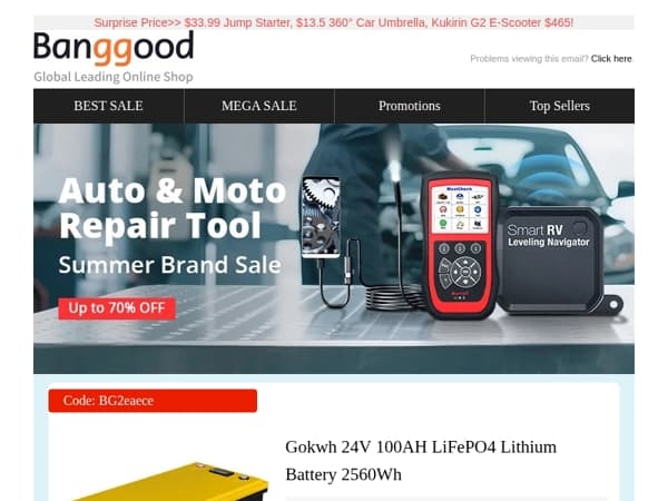 [Up to 70% Off] Auto Moto Repair Tool Summer Sale, 24V 100Ah Battery Only $352.99! 12V Portable Refrigerator Only $175.99!