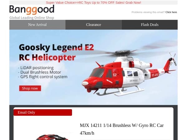 [New Arrivals] Goosky Legend E2 GPS LiDAR RC Helicopter $?10, MJX 14211 1/14 47km/h Brushless RC Car $1?1.99