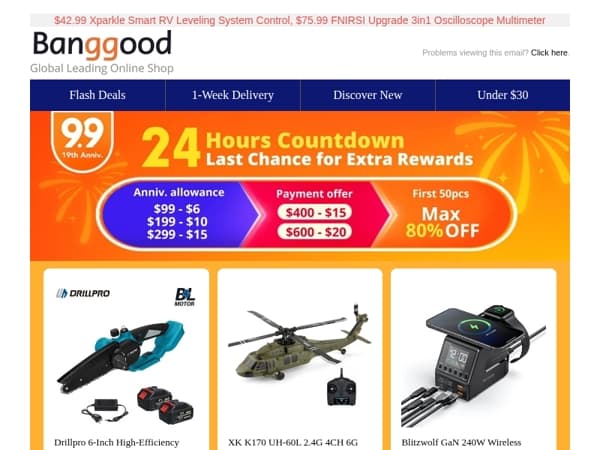 [24Hrs Countdown] $26.99 Brushless Chainsaw, $66.99 XK RC Helicopter, $39.99 Blitzwolf GaN Wireless Charger, Now >
