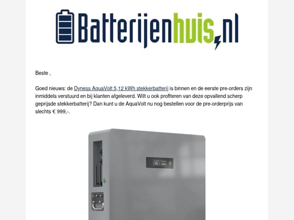 Nu leverbaar: Dyness AquaVolt 5,12 kWh nog voor € 999,-