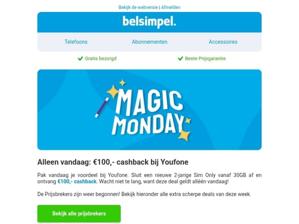 Krijg alléén vandaag €100,- cashback bij Youfone