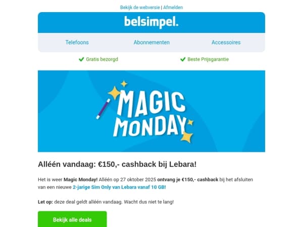 Alléén vandaag €150,- cashback bij Lebara!