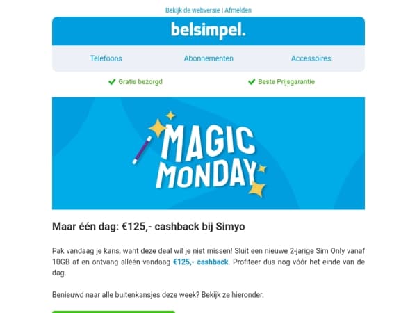 Alléén vandaag: €125,- cashback bij Simyo