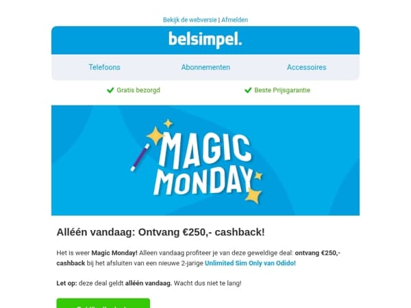 Ontvang alléén vandaag €250,- cashback bij Belsimpel.