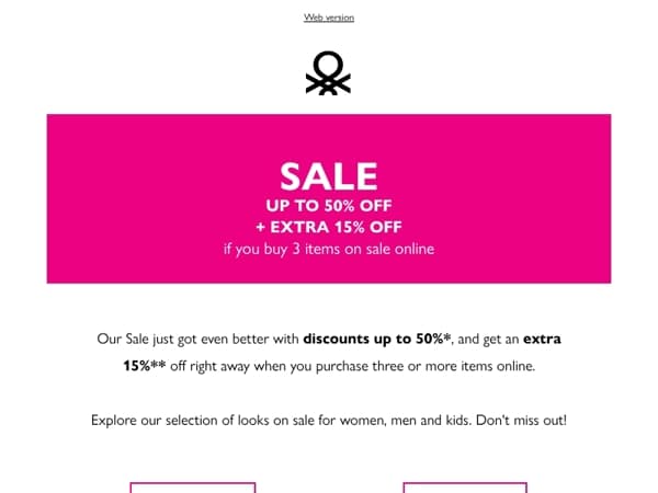 Sale up to 50% off and Extra -15% Promo