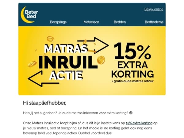 Laatste kans: 15% éxtra korting met je oude matras