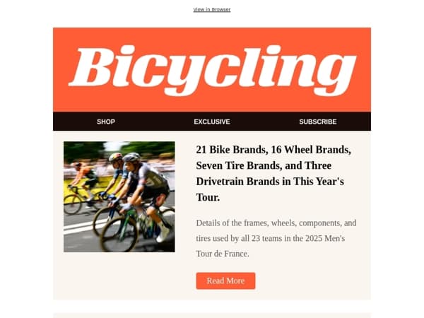 21 Bike Brands, 16 Wheel Brands, Seven Tire Brands, and Three Drivetrain Brands in This Year's Tour.