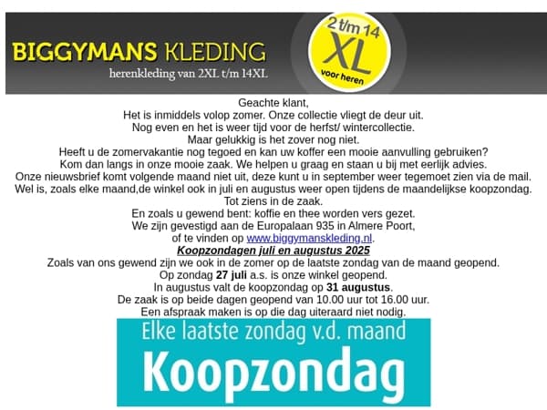 Koopzondagen 27-07 en 31-08! In aug geen nieuwsbrief!