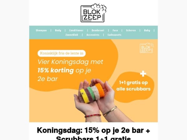 Koningsdag: 15% op je 2e bar en een gratis Mystery Scrubblok