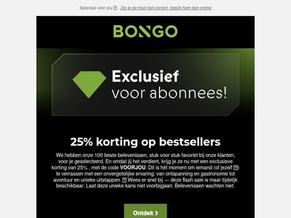 🚨 25% korting op onze 100 populairste belevenissen 