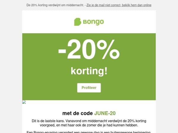 Vandaag is de laatste dag. 20% korting bij Bongo
