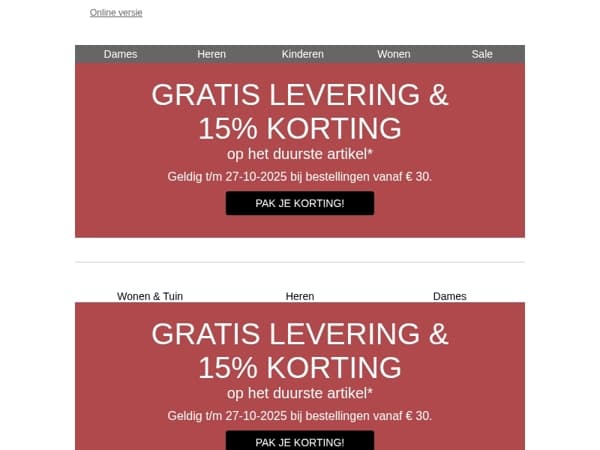 Gratis levering & -15% op het duurste artikel