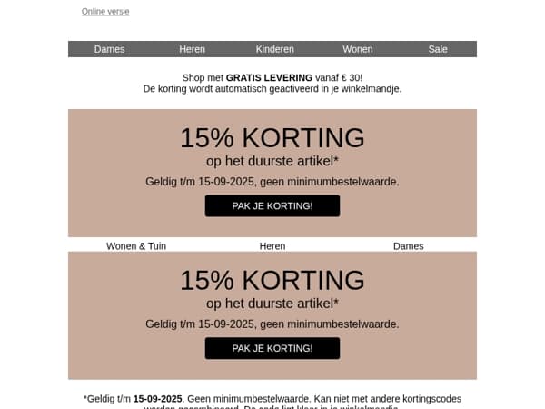 Alleen vandaag nog: -15% op je duurste item 🤍