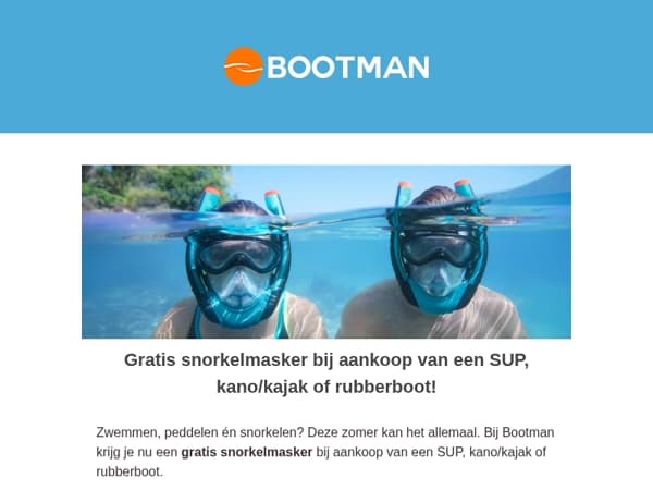 Gratis snorkelmaster bij aankoop van een SUP, kano/kajak of rubberboot