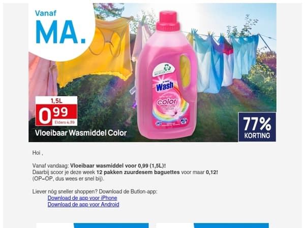 1,5L Vloeibaar wasmiddel: 0,99! & 12 Baguettes voor 0,12!